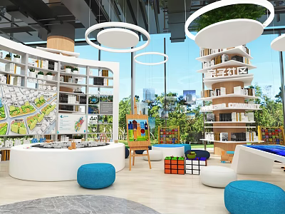 Modern Indoor Learning Space With Bookshelves Round Table Blue Ottomans Easel And Green Views 3d model