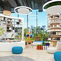 Modern Indoor Learning Space With Bookshelves Round Table Blue Ottomans Easel And Green Views