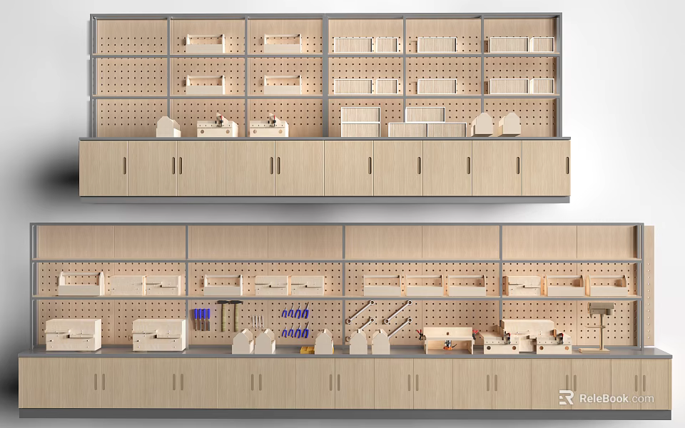 Modern Wooden Display Wall with Perforated Panels Shelves and Storage Cabinets 3d model 