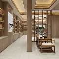 Modern Store Interior Design With Wooden Decor Front Desk Display Shelves And Soft Lighting