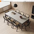 Modern Dining Table Set With Six Wooden Chairs Bowl Books And Black Pendant Light