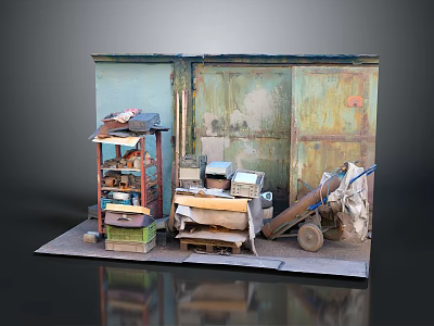 Old Rusty Metal Doors In Cluttered Corner With Cart Boxes And Shelves 3d model