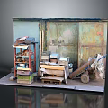 Old Rusty Metal Doors In Cluttered Corner With Cart Boxes And Shelves
