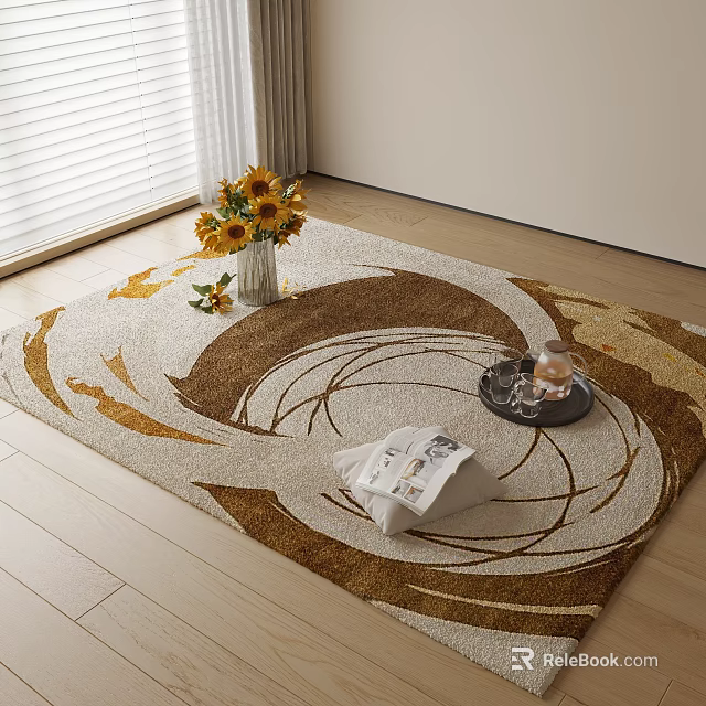 Square Area Rug With Golden Beige Spiral Pattern And Sunflower Vase Magazine Tray On Wooden Floor 3d model 