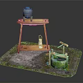 Traditional Rural Architectural Scene with Wooden Frame Pottery Jar Lantern and Mossy Well