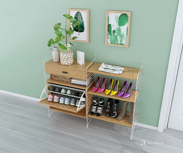 Modern Shoe Cabinet With Multiple Storage Shelves Decorative Plants And Colorful Shoes 3d model 