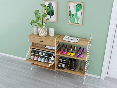 Modern Shoe Cabinet With Multiple Storage Shelves Decorative Plants And Colorful Shoes 3d model