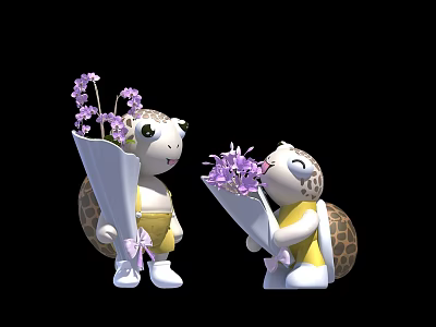 Cute Cartoon Turtles Holding Purple Flower Bouquets on Black Background 3d model