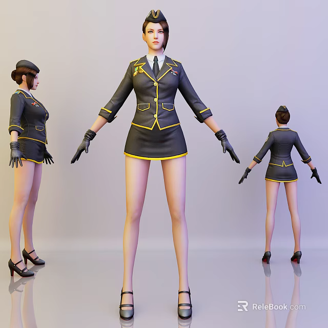 Game Movie Character Dark Uniform with Yellow Trim Short Skirt Black Gloves and High Heels 3d model 