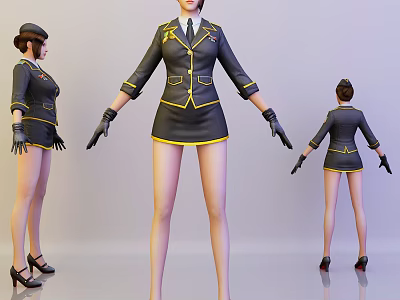 Game Movie Character Dark Uniform with Yellow Trim Short Skirt Black Gloves and High Heels 3d model