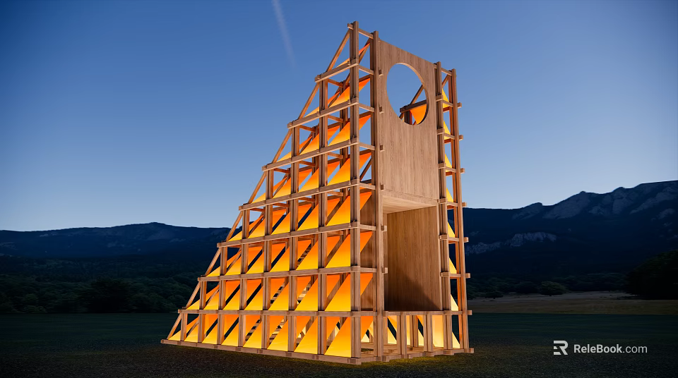 Scenic Illuminated Wooden Observation Deck With Geometric Design Over Grassland At Twilight Mountain Backdrop 3d model 