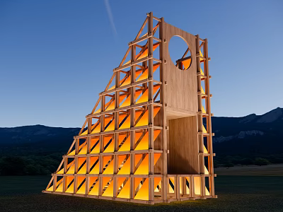 Scenic Illuminated Wooden Observation Deck With Geometric Design Over Grassland At Twilight Mountain Backdrop 3d model