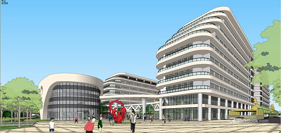 Modern Multistory Curved Buildings With Glass Walls Plaza People And Red Sculpture 3d model 