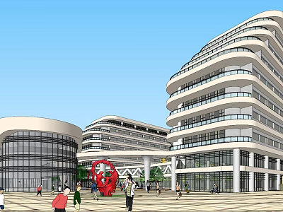 Modern Multistory Curved Buildings With Glass Walls Plaza People And Red Sculpture 3d model