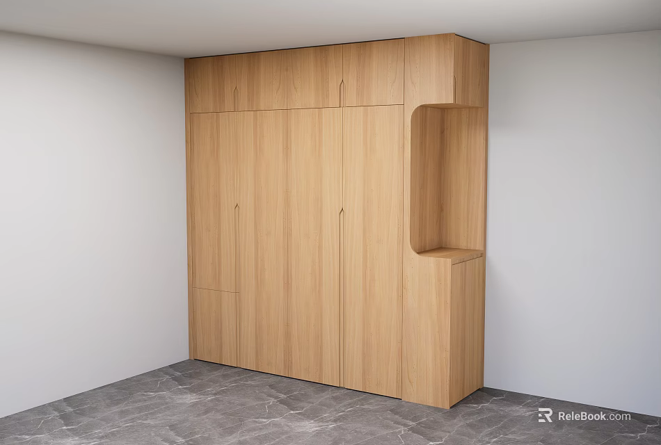 Modern Wooden Wardrobe With Multiple Doors And Open Niche In Minimalist Room 3d model 