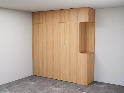 Modern Wooden Wardrobe With Multiple Doors And Open Niche In Minimalist Room 3d model