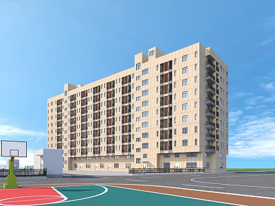 Light Yellow Multi Story School Building With Basketball Court And Blue Sky 3d model