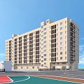 Light Yellow Multi Story School Building With Basketball Court And Blue Sky