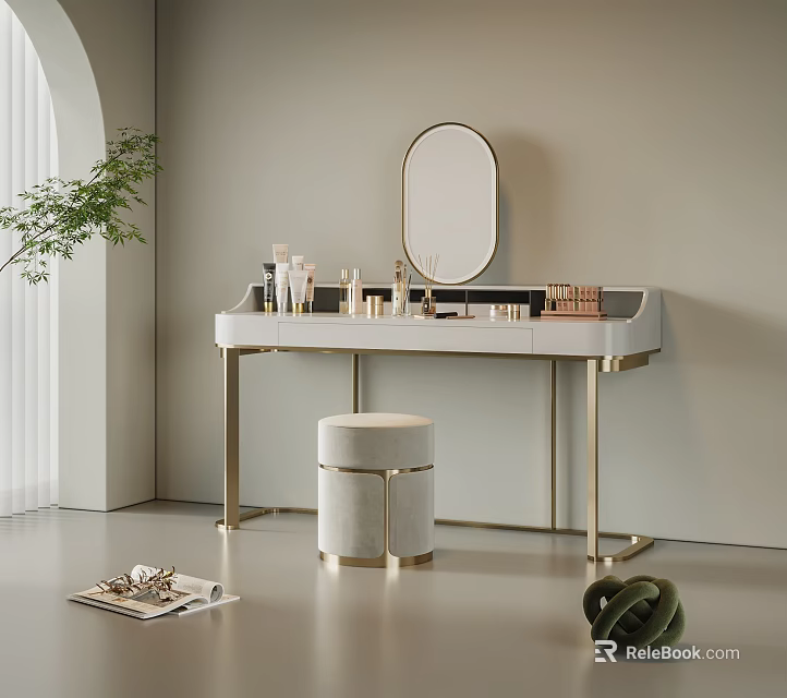 Elegant Modern Dressing Table With Round Mirror Gold Metal Legs And Velvet Stool Beauty Products 3d model 