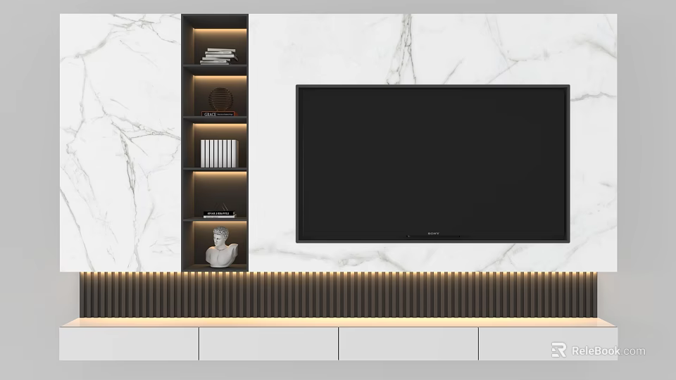 Modern TV Background Wall With Marble Texture Shelving Unit And Decorative Items 3d model