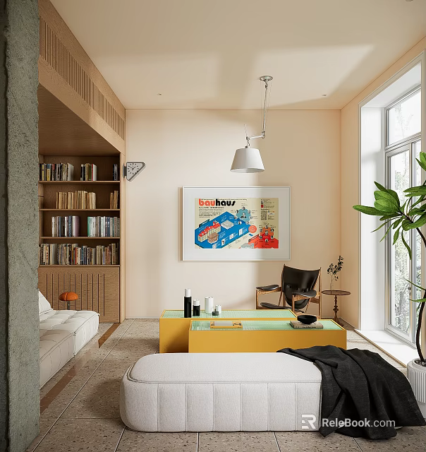 Modern Living Room Interior With Wooden Bookshelf Sofa Coffee Table Artwork And Plant 3d model 