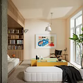 Modern Living Room Interior With Wooden Bookshelf Sofa Coffee Table Artwork And Plant