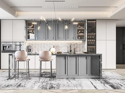 Modern Kitchen Interior Design With Island Counter Cabinets Pendant Lights And Bar Stools 3d model