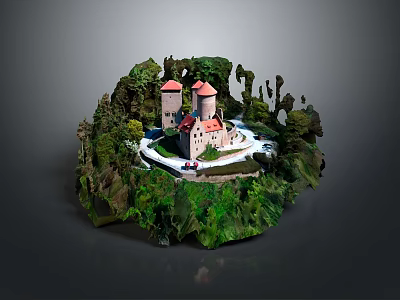 Miniature Castle Model with Red Towers Green Trees Grass and Curved Pathway 3d model