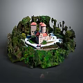Miniature Castle Model with Red Towers Green Trees Grass and Curved Pathway