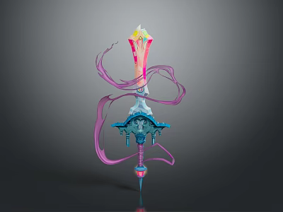 Colorful Fantasy Sword With Flowing Pink Ribbons Ornate Hilt And Decorative Details 3d model