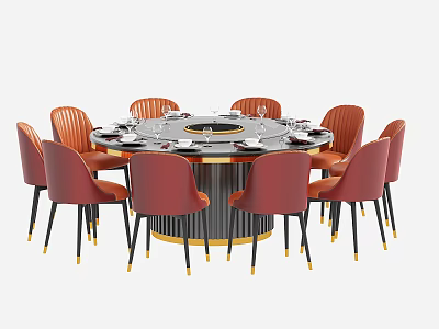 Modern Round Dining Table Set With Red Chairs And Glass Top For Home 3d model