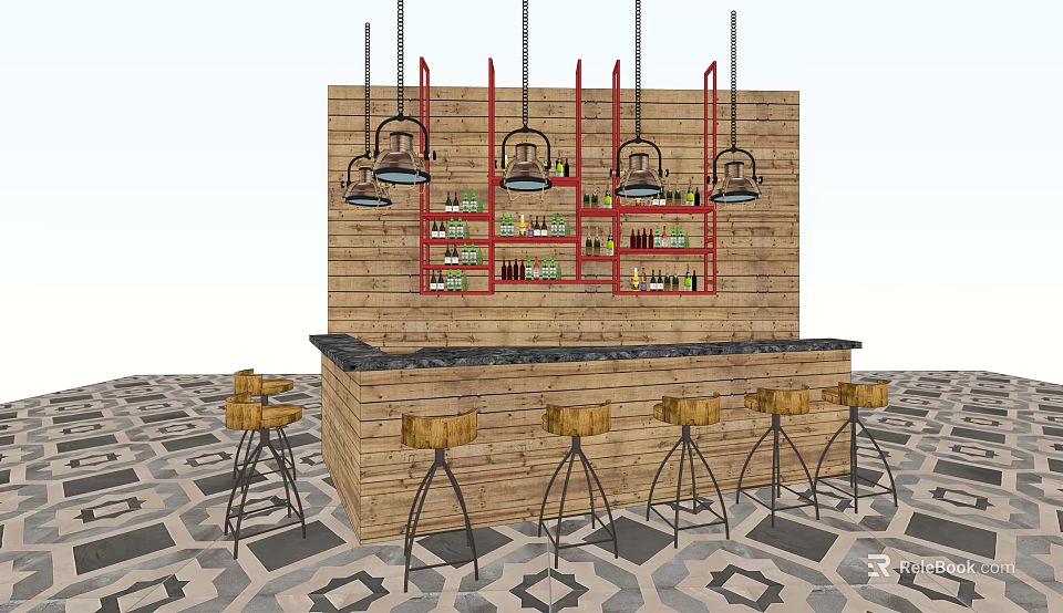 Rustic Bar Counter Interior Design With Wooden Wall Red Shelves Hanging Lamps And Bar Stools 3d model 