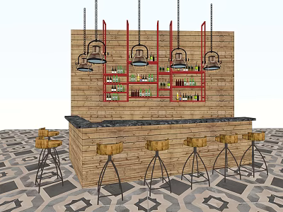 Rustic Bar Counter Interior Design With Wooden Wall Red Shelves Hanging Lamps And Bar Stools 3d model