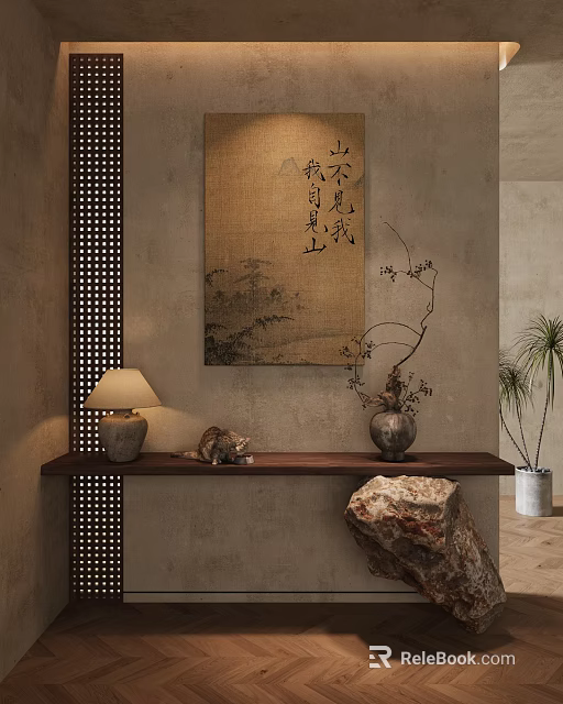 Zen Entryway Hallway With Chinese Painting Table Lamp Vase Branches Cat Figurine Stone And Plant 3d model 