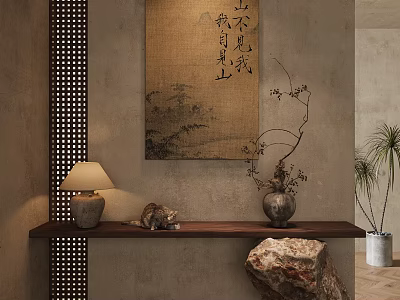 Zen Entryway Hallway With Chinese Painting Table Lamp Vase Branches Cat Figurine Stone And Plant 3d model
