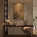 Zen Entryway Hallway With Chinese Painting Table Lamp Vase Branches Cat Figurine Stone And Plant
