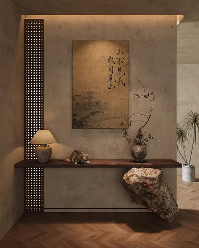 Zen Entryway Hallway With Chinese Painting Table Lamp Vase Branches Cat Figurine Stone And Plant 3d model