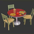 Round Red Dining Table With Three Wooden Chairs And Fast Food On Top