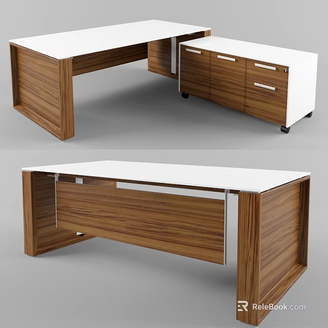 Modern Office Desk With Wooden Frame White Top And Storage Drawers 3d model 