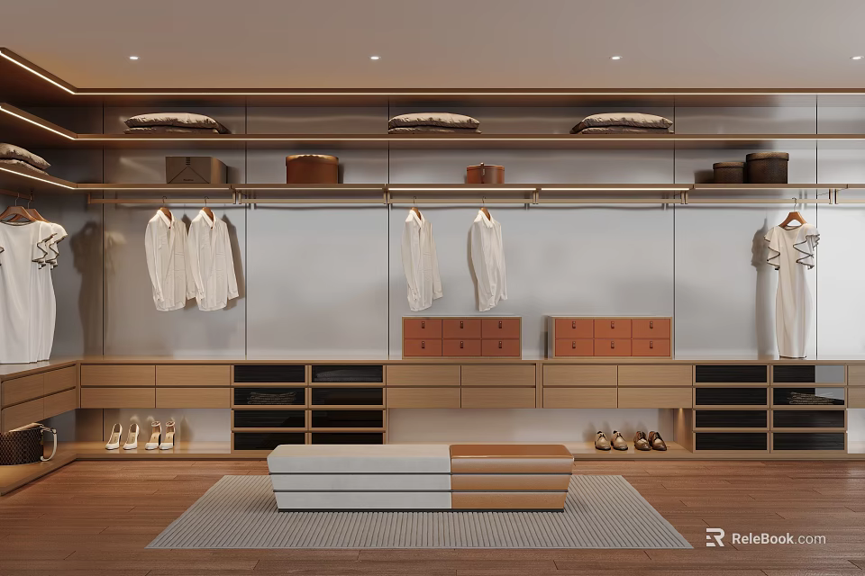 Modern Wooden Wardrobe Interior With Hanging Clothes Storage Boxes And Bench 3d model 