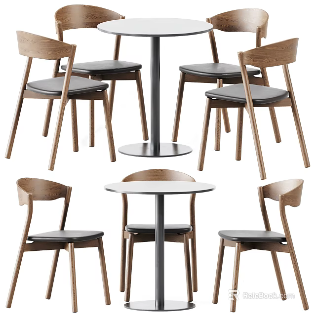 Modern Wooden Dining Table And Chair Set With Round Top And Metal Legs 3d model 