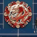 Decorative Chinese Dragon Art With Red White Flowers And Blue Background
