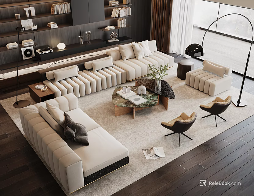Modern Living Room Sofa And Coffee Table Set With Cushions Armchairs And Large Window 3d model 