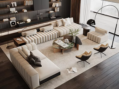 Modern Living Room Sofa And Coffee Table Set With Cushions Armchairs And Large Window 3d model