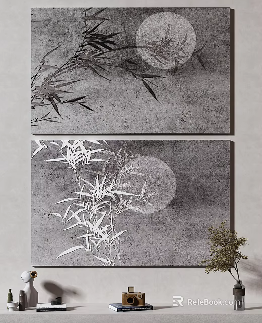 Chinese Style Wall Art With Bamboo Leaves And Moon Design 3d model 