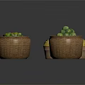 Assorted Fresh Food Items in Wicker Baskets Including Green Vegetables Yellow Grains and Red Produce