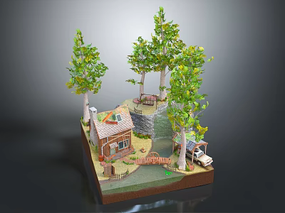 Lush Green Vines Growing Around Miniature Cottage With Trees And Small Car 3d model