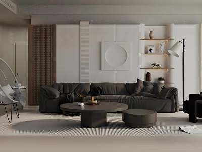 Modern Living Room Interior With Dark Gray Sofa Round Coffee Table And Circular Wall Art 3d model