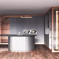 Modern Kitchen Interior With Gray Cabinets Rose Gold Accents And Black Countertop
