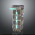 Modern Style Tall Building with Blue Vertical Decorations Multiple Floors and Illuminated Top Bottom Entrance Design